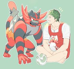 !? 1boy absurdres all_fours apron bad_id bad_twitter_id egg game_freak gen_7_pokemon green_background green_hair highres incineroar indian_style litten male_focus nintendo npc_trainer nywlub_(bulwyn) pokemon pokemon_(creature) pokemon_breeder_(pokemon) pokemon_oras pokemon_sm simple_background sitting smile