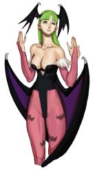 1girl absurdres animal_print aqua_hair armpits bare_shoulders bat_print bat_wings blue_eyes breasts bridal_gauntlets capcom_vs_snk cleavage darkstalkers demon_girl fur-trimmed_leotard fur_trim game_cg green_hair hands_up head_wings heart highleg highleg_leotard highres ikeno_daigo large_breasts leotard lips long_hair morrigan_aensland nail_polish non-web_source off-shoulder_leotard official_art orange_eyes pantyhose parted_lips pink_nails print_pantyhose purple_pantyhose purple_wings simple_background solo standing wings