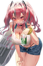 1girl absurdres azur_lane blue_shorts blush breasts bremerton_(azur_lane) can cleavage collarbone commentary condom condom_wrapper english_commentary grin hair_between_eyes hair_intakes hair_ornament highres holding holding_can holding_condom large_breasts looking_at_viewer multicolored_hair panty_straps red_eyes red_hair rossy_(yowayowachimpo) shorts simple_background smile solo tank_top teeth thighs twintails two-tone_hair white_background white_tank_top