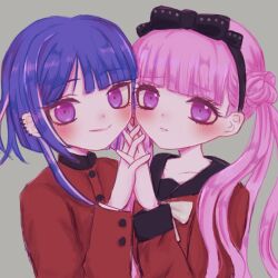 Rule 34 | 1boy, 1girl, black bow, bow, brother and sister, closed mouth, collarbone, ear piercing, earrings, grey background, hair bow, highres, holding hands, jewelry, long sleeves, matching hair/eyes, piercing, pink eyes, pink hair, purple hair, siblings, simple background, smile, the hundred line -last defense academy-, tsukumo ima, tsukumo kako, twins, twintails, upper body