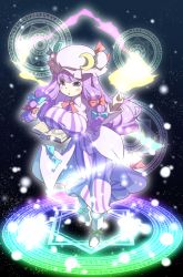 blunt_bangs book breasts crescent crescent_hair_ornament crescent_hat_ornament dress frilled_sleeves frills hair_ornament hat hat_ornament large_breasts long_dress long_hair long_sleeves magic magic_circle mob_cap patchouli_knowledge purple_dress purple_eyes purple_hair purple_hat solo striped_clothes striped_dress tanasuke touhou vertical-striped_clothes vertical-striped_dress very_long_hair