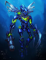 bionicle bubble cable claw_(weapon) commentary english_commentary gun hahli_(bionicle) highres holding holding_gun holding_weapon humanoid_robot kory_cromie mechanical_wings orange_eyes robot the_lego_group underwater weapon wings