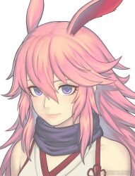 1girl animal_ears artist_name closed_mouth commission commissioner_upload fox_ears gofelem honkai_(series) honkai_impact_3rd japanese_clothes kimono lips long_hair looking_at_viewer non-web_source nontraditional_miko pink_eyes purple_eyes short_kimono simple_background smile solo upper_body watermark white_background white_kimono yae_sakura yae_sakura_(gyakushinn_miko)