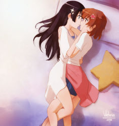 2016 2girls aijou_karen artist_name bed black_hair blue_eyes brown_eyes brown_hair crown_hair_ornament dated eye_contact imminent_kiss indoors kagura_hikari little_viktoria long_hair looking_at_another lying multiple_girls on_bed on_side parted_lips pillow short_hair shoujo_kageki_revue_starlight sparkle_hair_ornament yuri
