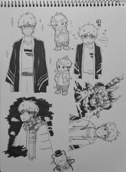 Rule 34 | 1boy, = =, ?, absurdres, banban953, chibi, closed mouth, coat, confused, cropped legs, cropped torso, fringe trim, glasses, hands in pockets, happy, highres, hood, hood down, hoodie, long sleeves, male focus, marker (medium), monster, multiple views, open clothes, open mouth, open robe, original, pants, paw pose, photo (medium), plaid clothes, plaid scarf, robe, scarf, shirt, shoes, short hair, sideways glance, smile, sneakers, sparkle, spoken letter, standing, striped clothes, striped pants, stuffed animal, stuffed toy, sweatpants, t-shirt, teddy bear, traditional media, vertical-striped clothes, vertical-striped pants, winter clothes, winter coat