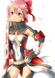 1girl akamine_yuuna armor black_gloves black_shorts blush breasts closed_mouth contrapposto covered_navel cowboy_shot eda_udon faulds gloves hair_between_eyes hand_on_own_hip highres mankai medium_breasts pink_hair red_eyes short_hair short_shorts shorts smile solo standing white_background yuuki_yuuna_wa_yuusha_de_aru yuusha_de_aru