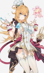 1girl absurdres anger_vein awe_(adorableduckyy) blonde_hair blue_eyes blue_pupils breasts chef_hat closed_mouth commentary cowboy_shot dress escoffier_(genshin_impact) fingernails genshin_impact hair_ornament hat highres holding holding_ladle ladle large_breasts long_hair looking_at_viewer smile solo thighhighs thighs very_long_hair white_background white_dress white_thighhighs wrist_cuffs