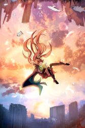 1girl absurdres ankle_boots blue_sky boots bouquet brown_capelet brown_cloak brown_hair cape capelet cityscape cloak closed_eyes cloud cloudy_sky falling falling_feathers feather_hair_ornament feathers fish floating_hair flower full_body hair_ornament highres holding holding_bouquet hololive hololive_english humpback_whale kneehighs lantern legs_up long_hair miku_(mikururun) multicolored_hair multicolored_sky mumei_(song)_(hololive) nanashi_mumei nanashi_mumei_(1st_costume) orange_sky pink_sky pleated_skirt ponytail red_skirt single_kneehigh single_sock single_thighhigh skirt sky smile socks streaked_hair thighhighs very_long_hair virtual_youtuber whale