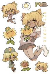 1girl :d :t absurdres asymmetrical_sleeves bandaid bandaid_on_face bandaid_on_nose black_eyes black_gloves blonde_hair brown_shirt character_name chibi chibi_inset chinese_commentary choker closed_mouth colored_shoe_soles commentary_request copyright_name dark-skinned_female dark_skin dot_mouth dress elbow_pads flower full_body gloves grey_dress grey_hat grey_skirt hair_flower hair_horns hair_ornament hat highres holding holding_flower ive0iv7307 jumping kneepits long_sleeves looking_at_viewer miniskirt multiple_views no_nose open_mouth personification pink_flower plants_vs._zombies pleated_skirt shirt shoes short_hair short_sleeves simple_background skindentation skirt sleeves_past_wrists smile solid_oval_eyes spoken_sun sunflower sunflower_(plants_vs_zombies) two-sided_fabric two-sided_skirt white_background white_choker white_shoes yellow_eyes yellow_flower