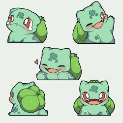 Rule 34 | absurdres, blush stickers, bright pupils, bulbasaur, claws, gen 1 pokemon, grey background, happy, highres, multiple views, nintendo, no humans, nostrils, one eye closed, open mouth, pokemon, pokemon (creature), red eyes, sevi (seviyummy), simple background, tears, waving, wavy mouth, white pupils