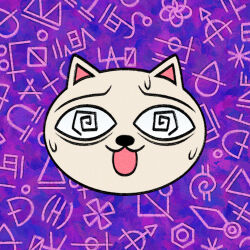 :3 @_@ abstract_background animal_focus cryptidhermit facing_viewer head_only highres nekojiru_udon no_humans nyako_(nekojiru) open_mouth purple_background runes simple_background solo sweatdrop