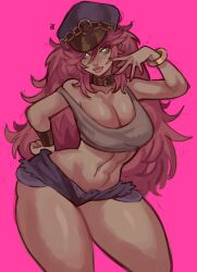 absurdres belt_collar big_hair blue_eyes breasts cleavage collar cuffs cutoffs denim denim_shorts final_fight glowing glowing_eyes hat highres looking_at_viewer nail_polish navel peaked_cap pink_background pink_hair pink_nails pink_theme poison_(final_fight) riding_crop shorts street_fighter tank_top thick_thighs thighs widisu