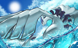 closed_mouth cloud commentary_request creatures_(company) day from_below game_freak gen_2_pokemon legendary_pokemon lugia mujiao nintendo no_humans outdoors pokemon pokemon_(creature) red_eyes sky solo sun water water_drop