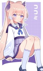 1girl :3 bow-shaped_hair character_name commentary_request genshin_impact grid_background hair_ornament highres jewelry knees_up long_hair long_sleeves looking_at_viewer midriff_peek neck_ribbon necklace nezumimiii pearl_necklace pink_hair pleated_skirt purple_background purple_eyes ribbon sangonomiya_kokomi school_uniform serafuku sitting skirt smile socks solo translation_request very_long_hair wing_hair_ornament