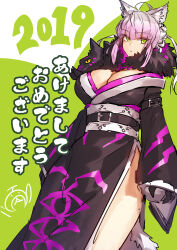 Rule 34 | 1girl, animal ears, atalanta (fate), atalanta alter (fate), belt, black kimono, breasts, cat ears, cleavage, fate/grand order, fate (series), green eyes, happy new year, highres, japanese clothes, kimono, large breasts, melon22, new year, purple hair, solo, white hair