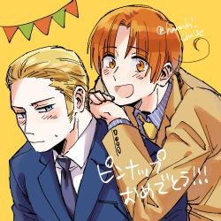 2boys ahoge axis_powers_hetalia blonde_hair blue_eyes blue_jacket blue_shirt blush brown_jacket buttons closed_mouth collared_shirt commentary_request formal_clothes germany_(hetalia) haruki_chise jacket lapels long_sleeves looking_at_viewer male_focus multiple_boys necktie northern_italy_(hetalia) open_mouth orange_eyes orange_hair parted_bangs purple_necktie shirt short_hair simple_background smile string_of_flags striped_clothes striped_shirt suit_jacket sweatdrop upper_body vertical-striped_clothes vertical-striped_shirt white_shirt yellow_background yellow_necktie