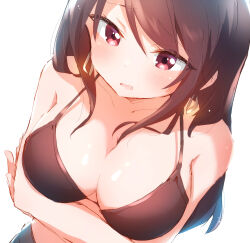 1girl absurdres arms_under_breasts black_bra black_hair bra breasts cleavage commentary_request highres ikazuchi_riko large_breasts long_hair no_shirt nyaa_(nnekoron) open_mouth red_eyes secret_mission:_sennyuu_sousakan_wa_zettai_ni_makenai! simple_background solo underwear white_background