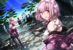 3girls blue_sky bow bowtie clone collared_shirt commentary_request day full_body graveyard gridman_universe hands_in_pockets jacket looking_at_viewer miniskirt multiple_girls off_shoulder open_mouth outdoors pantyhose pink_eyes pink_hair shinjou_akane shirt short_hair skirt sky smile ssss.gridman tree ueda_metawo