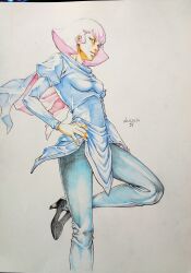 1girl breasts cape gundam haman_karn hands_on_own_hips highres long_sleeves looking_at_viewer matsukawa_tetsuya medium_breasts pink_hair purple_eyes short_hair simple_background smile solo twitter_username white_background zeta_gundam