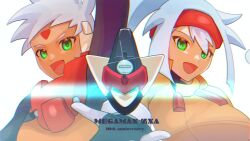 1boy 1girl anniversary arm_up ashe_(mega_man) biometal blue_eyes blue_hair breasts copyright_name facial_mark forehead_mark glowing glowing_eyes green_eyes grey_(mega_man) grey_hair high_ponytail jacket large_breasts long_hair mega_man_(series) mega_man_zx mega_man_zx_advent model_a_(mega_man) orange_jacket ponytail robot_ears sasaki_(ssk8083) short_hair upper_body