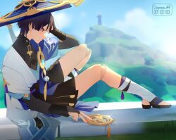 1boy anemo_symbol_(genshin_impact) arm_at_side armor artist_name belt black_belt black_bodysuit black_bow black_bridal_gauntlets black_hair black_leggings black_sandals black_shorts blue_cape blue_gemstone blue_hat blue_kimono blue_sky blue_sleeves blunt_ends blurry blurry_background bodysuit bow bridal_gauntlets cape closed_mouth cloud cloudy_sky deviantart_logo deymara diffraction_spikes doll_joints expressionless eyeliner eyeshadow feathers fingernails from_side furisode gem genshin_impact gold gold_ring grass hakama hakama_shorts han&#039;eri hand_on_own_head hat hill instagram_logo japanese_armor japanese_clothes jingasa joints kimono knees_up kote kurokote layered_kimono layered_sleeves leg_warmers leggings lighthouse looking_down makeup male_focus middle_ring mitsudomoe_(shape) open_clothes open_kimono pleated_shorts pom_pom_(clothes) purple_eyes purple_rope purple_sash red_eyeliner red_eyeshadow rope sandals sash scaramouche_(genshin_impact) short_sleeves shorts sitting sky solo stirrup_legwear sumeru_city tassel three_quarter_view toeless_legwear toes tomoe_(symbol) turtleneck turtleneck_bodysuit twitter_logo vision_(genshin_impact) wanderer_(genshin_impact) white_kimono white_leg_warmers white_sleeves white_trim yellow_feathers zouri
