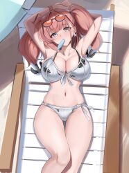 Rule 34 | 1girl, absurdres, armpits, arms up, atlanta (kancolle), atlanta (swimsuit) (kancolle), beach, beach chair, beach umbrella, bikini, black bikini, blush, breasts, chair, cleavage, collarbone, commentary request, dimos (dawn 1945), earrings, eyewear on head, food, food in mouth, grey bikini, grey eyes, head tilt, highres, jewelry, kantai collection, large breasts, layered bikini, long hair, looking at viewer, lounge chair, navel, official alternate costume, pink hair, popsicle, popsicle in mouth, red-tinted eyewear, skindentation, solo, star (symbol), star earrings, stomach, swimsuit, thighs, tinted eyewear, torn bikini, torn clothes, two side up, umbrella