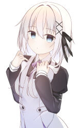 1boy absurdres amamiya_ayumu_(vtuber) arm_strap black_ribbon black_skirt blue_eyes collared_shirt commentary_request contrast_collar dress hair_between_eyes hair_intakes hair_ornament hair_ribbon hairpin highres indie_virtual_youtuber light_blush long_hair long_sidelocks long_sleeves looking_at_viewer male_focus neck_ribbon pinafore_dress plaid_ribbon purple_ribbon ribbon sankakkee shirt sidelocks simple_background skirt sleeveless sleeveless_dress solo standing trap upper_body virtual_youtuber white_background white_dress