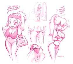 Rule 34 | 1girl, adjusting clothes, adjusting panties, arched back, arm up, artist name, ass, bare legs, bare shoulders, blush, bracelet, breasts, cleavage, contemporary, cropped legs, door, door handle, dripping, english text, closed eyes, food print, gairon, game console, hair tie, hand on own hip, headband, holding, jewelry, large breasts, leaning back, leaning forward, light blush, long hair, looking at viewer, mario (series), monochrome, motion lines, multiple views, mushroom print, naked towel, navel, nintendo, open door, outstretched arm, panties, ponytail, princess peach, puddle, raised eyebrow, sidelocks, signature, simple background, sketch, standing, steam, string panties, super mario bros. 1, super mushroom, tank top, towel, towel on head, underboob, underwear, wedgie, white background, wii u, wii u gamepad