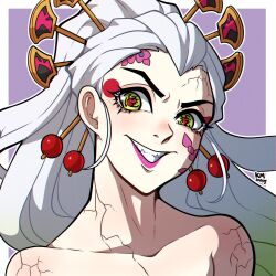 Rule 34 | 1girl, border, collarbone, commentary, cracked skin, daki (kimetsu no yaiba), english commentary, green eyes, hair ornament, hair stick, highres, kimetsu no yaiba, kinkymation, nude, oiran, outside border, pink lips, purple background, red pupils, simple background, smile, solo, upper body, v-shaped eyebrows, white border, white hair