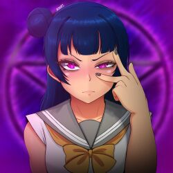 absurdres artist_name black_hair black_nails bow bowtie dress hair_bun highres led103 long_hair love_live! love_live!_sunshine!! purple_eyes sailor_dress short_sleeves tsushima_yoshiko