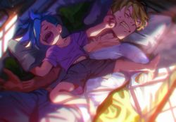 2boys aged_down amputee annoyed bed blonde_hair blue_hair blush child clenched_teeth closed_eyes collarbone drooling galo_thymos highres indoors kray_foresight male_focus meipu_hm multiple_boys on_bed open_mouth pants pillow promare saliva shirt short_hair shorts sleeping sleeping_on_person snoring spiked_hair teeth