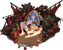 1girl animal_costume artist_request bare_legs bare_shoulders barefoot blue_hair box character_request christmas copyright_request feet fur-trimmed_headwear fur_trim gift gift_box highres long_hair looking_at_viewer open_mouth purple_eyes red_nose reindeer_costume soles