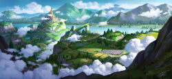 Rule 34 | castle, chinnkun, cloud, day, fantasy, farm, grass, hill, lake, landscape, mountainous horizon, no humans, original, painterly, rock, signature, sky