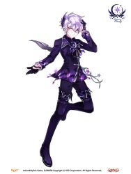 1boy add_(elsword) black_boots black_gloves black_pants black_shirt blazer boots closed_mouth collared_jacket collared_shirt company_name copyright_name copyright_notice crescent elsword expressionless feather_hair_ornament feathers full_body game_cg gloves hair_between_eyes hair_ornament half_gloves hand_on_own_head hwansang jacket knee_up leg_up light_frown logo long_sleeves looking_to_the_side magical_boy official_alternate_costume official_art outstretched_hand pants pink_eyes purple_hair purple_jacket second-party_source shirt short_hair sleeve_cuffs solo sparkle standing star_(symbol) tachi-e thigh_boots transparent_background