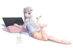 1girl bare_legs barefoot blue_eyes blush bow closed_mouth drawing_tablet eromanga_sensei hair_bow highres izumi_sagiri legs long_hair looking_at_viewer lordol lying on_stomach panties pillow shirt silver_hair soles solo underwear white_background white_panties white_shirt