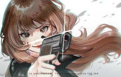 1girl absurdres aiming artist_name black_jacket brown_eyes brown_hair closed_mouth commentary english_text floating_hair glint gun highres holding holding_gun holding_weapon jacket long_hair lupin_iii mine_fujiko red_lips smile solo twitter_username weapon white_background yuuka_nade