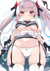 1girl absurdres apron black_ribbon blush breasts broken broken_chain chain charlotte_(ac8231) closed_mouth clothes_lift commentary_request commission demon_girl demon_tail dress dress_lift frilled_apron frills hair_ribbon heart heart-shaped_pupils highres horns lifting_own_clothes long_hair looking_at_viewer maid maid_headdress medium_breasts navel original panties red_eyes ribbon simple_background skeb_commission sweat symbol-shaped_pupils tail te_toga thighhighs twintails underwear very_long_hair white_apron white_background white_headdress white_thighhighs