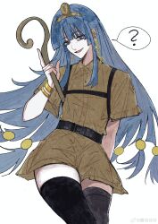 1girl :d ? absurdres arm_at_side arm_behind_back artist_name belt belt_buckle black_belt black_thighhighs blue_eyes blue_hair blunt_bangs bracelet brown_shirt brown_shorts buckle buttons chest_harness chinese_commentary collared_shirt commentary_request ear_piercing earrings facial_mark gold_bracelet gold_hairband hairband hand_up harness highres holding holding_scepter jewelry long_hair looking_at_viewer low-tied_long_hair michigami_nareko open_mouth piercing scepter shirt short_shorts short_sleeves shorts simple_background smile solo spoken_question_mark straight_hair thick_thighs thighhighs thighs touhou triangle triangle_facial_mark variant_set very_long_hair watermark weibo_watermark white_background wing_collar wuyufeifei