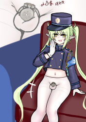 1boy absurdres armband blue_archive blush chastity_cage conductor earrings flat_chastity_cage genderswap genderswap_(ftm) gloves green_hair hat highres jacket jewelry navel nozomi_(blue_archive) open_mouth pantyhose pointy_ears sitting small_chastity_cage small_penis smile smug twintails whistle white_pantyhose yellow_eyes yoyty