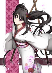 1girl bad_id bad_pixiv_id black_hair cherry_blossoms female_focus hair_ornament halcyon japanese_clothes kimono long_hair long_sleeves mole mole_under_eye obi original purple_eyes sash sheath sleeves_past_wrists smile solo twintails weapon wide_sleeves