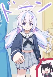 2girls absurdres ahoge animal_ears black_neckerchief blue_archive breaking_through_wall broken_door broken_wall cat_ears commentary_request crack cracked_wall extra_ears green_sailor_collar grey_serafuku hair_ornament halo highres kazusa_(blue_archive) long_hair long_sleeves meme multicolored_hair multiple_girls neckerchief nokotan_entering_a_classroom_(meme) parody pink_hair pink_halo purple_eyes reisa_(blue_archive) remise sailor_collar scene_reference school_uniform serafuku shikanoko_nokonoko_koshitantan smile star_(symbol) star_hair_ornament twintails white_sailor_collar