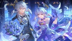 1boy 1girl absurdres aqua_eyes bird blue_hair bow bowtie bracelet brother_and_sister closed_mouth dress earrings face_jewel falling_feathers feathered_wings feathers feiqiyibu gloves halo head_wings highres holding_hands honkai:_star_rail honkai_(series) indoors jewel_under_eye jewelry long_hair looking_at_viewer musical_note official_alternate_costume purple_bow purple_bowtie purple_dress purple_gloves robin_(honkai:_star_rail) robin_(star_rail_live_2024)_(honkai:_star_rail) siblings smile standing sunday_(honkai:_star_rail) sunday_(star_rail_live_2025)_(honkai:_star_rail) wings