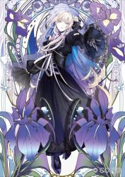 1boy art_nouveau beckoning black_dress black_flower black_rose blue_eyes blue_hair copyright_notice corset crossdressing dress drop_shadow flower full_body gloves goth_fashion gradient_hair hair_flower hair_ornament highres holostars lace lace-trimmed_sleeves lace_gloves lace_trim long_dress long_hair long_sleeves male_focus multicolored_hair official_alternate_costume official_art outstretched_hand puffy_long_sleeves puffy_sleeves purple_flower purple_hair ribbon rose solo trap utsugi_uyu very_long_hair virtual_youtuber white_flower white_hair white_ribbon white_rose yonemuro
