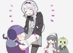 Rule 34 | 4girls, black bow, black eyes, black hair, black jacket, bow, braid, braided ponytail, closed eyes, female focus, fingernails, grey shirt, hair between eyes, jacket, kirifuji nozomi, lifting person, long hair, long sleeves, magadori kyoshika, mask, mask on head, matching hair/eyes, mojiro moko, multiple girls, muscular, muscular female, oosuzuki kurara, pleated skirt, purple hair, shirt, simple background, skirt, the hundred line -last defense academy-, tomato, twin braids, upper body, white background, white hair