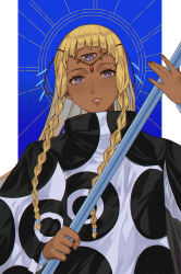 1girl blonde_hair bracelet braid commentary dark-skinned_female dark_skin eupha_(metaphor:_refantazio) floating_hair highres holding holding_staff jewelry lips long_hair looking_at_viewer metaphor:_refantazio parted_lips poncho purple_eyes smile solo staff starequiems third_eye twin_braids