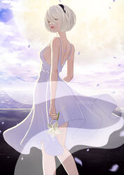 1girl 2b_(nier:automata) dress flower full_moon highres holding holding_flower looking_at_viewer looking_back mitsuki_nite moon nier:automata nier_(series) white_dress white_hair
