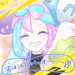 Rule 34 | 1girl, appleberry9, blue hair, bow-shaped hair, character hair ornament, closed eyes, facing viewer, hair ornament, highres, iono (pokemon), iono (sygna suit) (pokemon), multicolored hair, nintendo, official alternate costume, pink hair, pokemon, pokemon masters ex, sharp teeth, smile, solo, speech bubble, teeth, translation request, two-tone hair, upper body