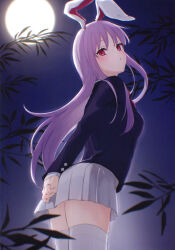 1girl absurdres animal_ears arms_behind_back bamboo_leaf black_jacket blazer cowboy_shot full_moon grey_skirt highres hiwokawa jacket long_hair long_sleeves looking_at_viewer looking_to_the_side miniskirt moon night night_sky outdoors pleated_skirt purple_hair rabbit_ears rabbit_girl red_eyes reisen_udongein_inaba scan skirt sky solo thighhighs third-party_source touhou very_long_hair white_thighhighs