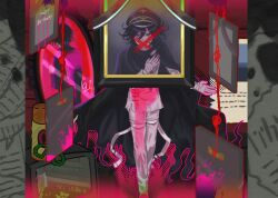 Rule 34 | 1boy, absurdres, black cape, black hair, black hat, blood, blood on clothes, cape, closed mouth, crossed out, danganronpa (series), danganronpa v3: killing harmony, feet out of frame, grey jacket, grey pants, hair between eyes, hand up, happy birthday, hat, highres, iei, jacket, jjigjjikk, long sleeves, looking at viewer, male focus, oma kokichi, outline, pants, pink blood, pink eyes, pink outline, portrait (object), smile, solo, torn cape, torn clothes