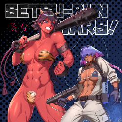 abs animal_print bare_shoulders biceps breasts club club_(weapon) colored_skin flexing highres horns large_breasts long_eyelashes long_hair long_sleeves monster_girl multiple_girls muscular muscular_female navel obliques ogami oni open_mouth original pointy_ears purple_eyes purple_hair red_oni red_skin short_hair simple_background smile spiked_club tall_female thick_thighs thighs tiger_print toned toned_female weapon